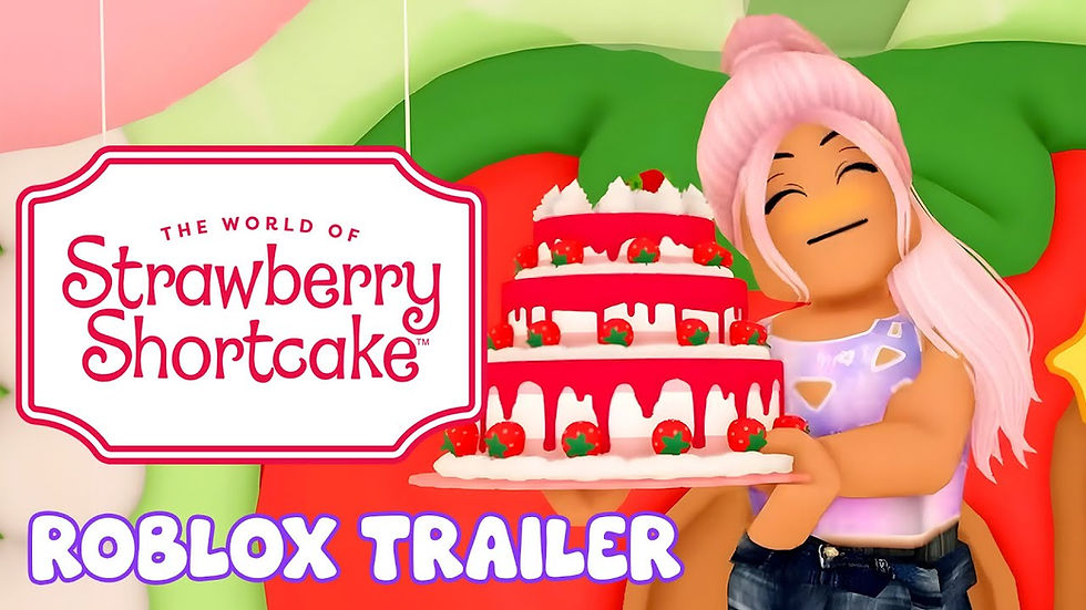 Girl holding strawberry shortcake tiered cake. text "Roblox Trailer"