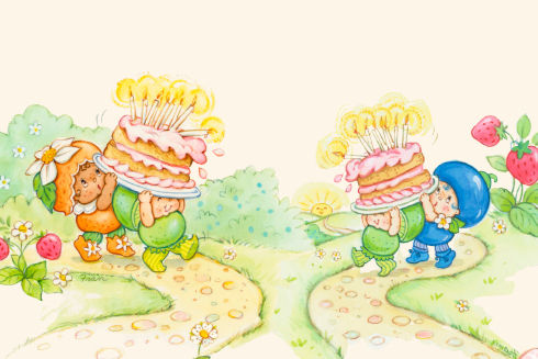 People holding birthday cakes walking down path.