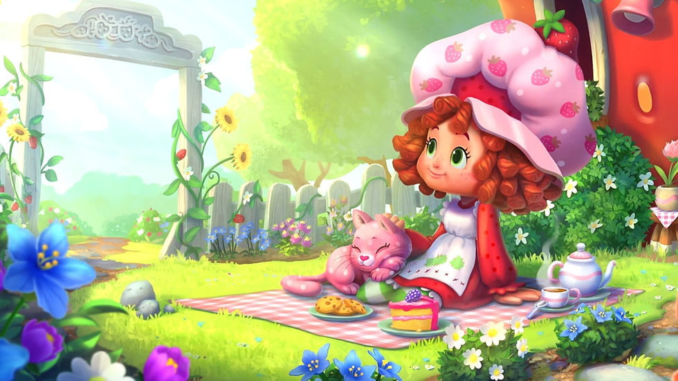Strawberry Shortcake and Custard the cat having a picnic