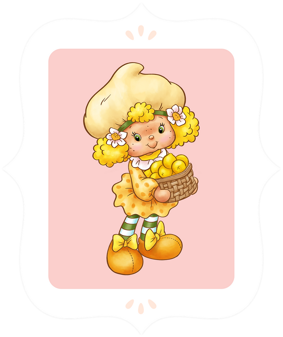 A character with yellow curls holding a basket of lemons, dressed in a yellow outfit with striped stockings and bow tied shoes.