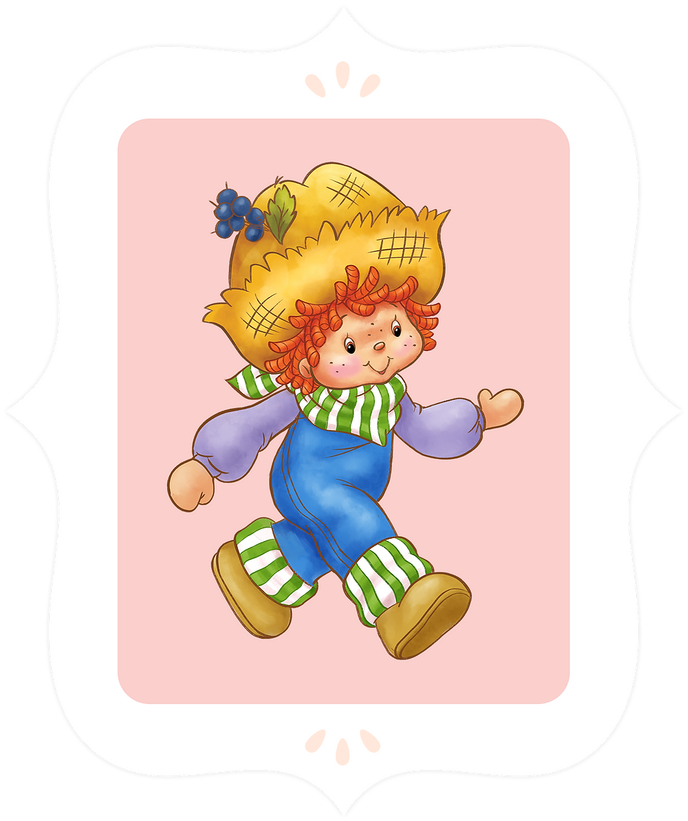 A character in blue overalls and a straw hat with berries, walking with arms swinging and striped scarf and socks.