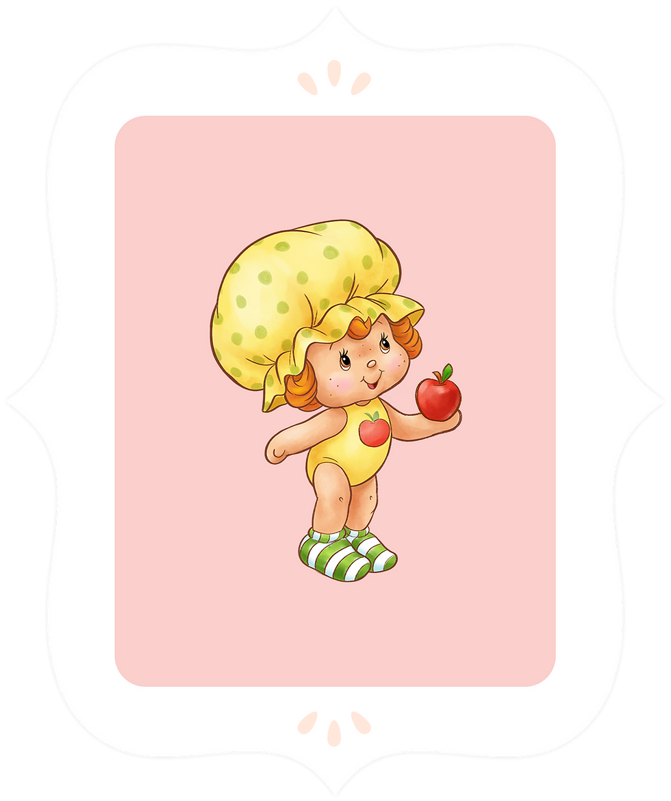 A toddler character wearing a green polka dot bonnet and romper, holding a red apple and standing in striped socks.