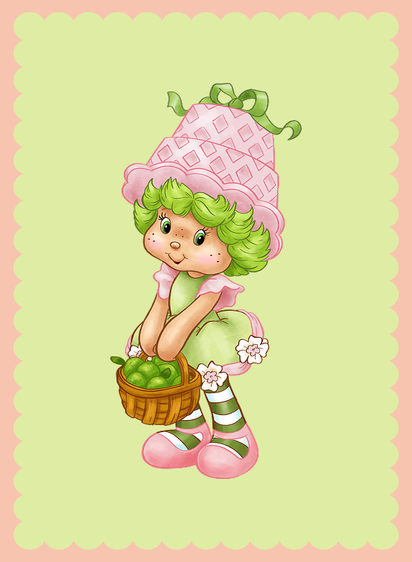 A ballerina character with short green hair and a tall pink hat, bending forward while holding a basket of green fruit, wearing striped stockings and ballet‑style shoes.