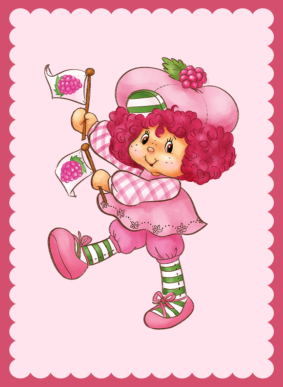 A curly haired character in pink attire holding raspberry flags, wearing striped stockings and a berry decorated hat while stepping forward.