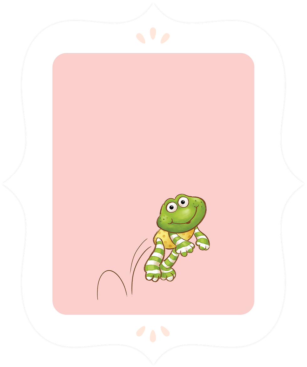 A frog character mid leap, wearing striped leg warmers, with arms extended and motion lines beneath.
