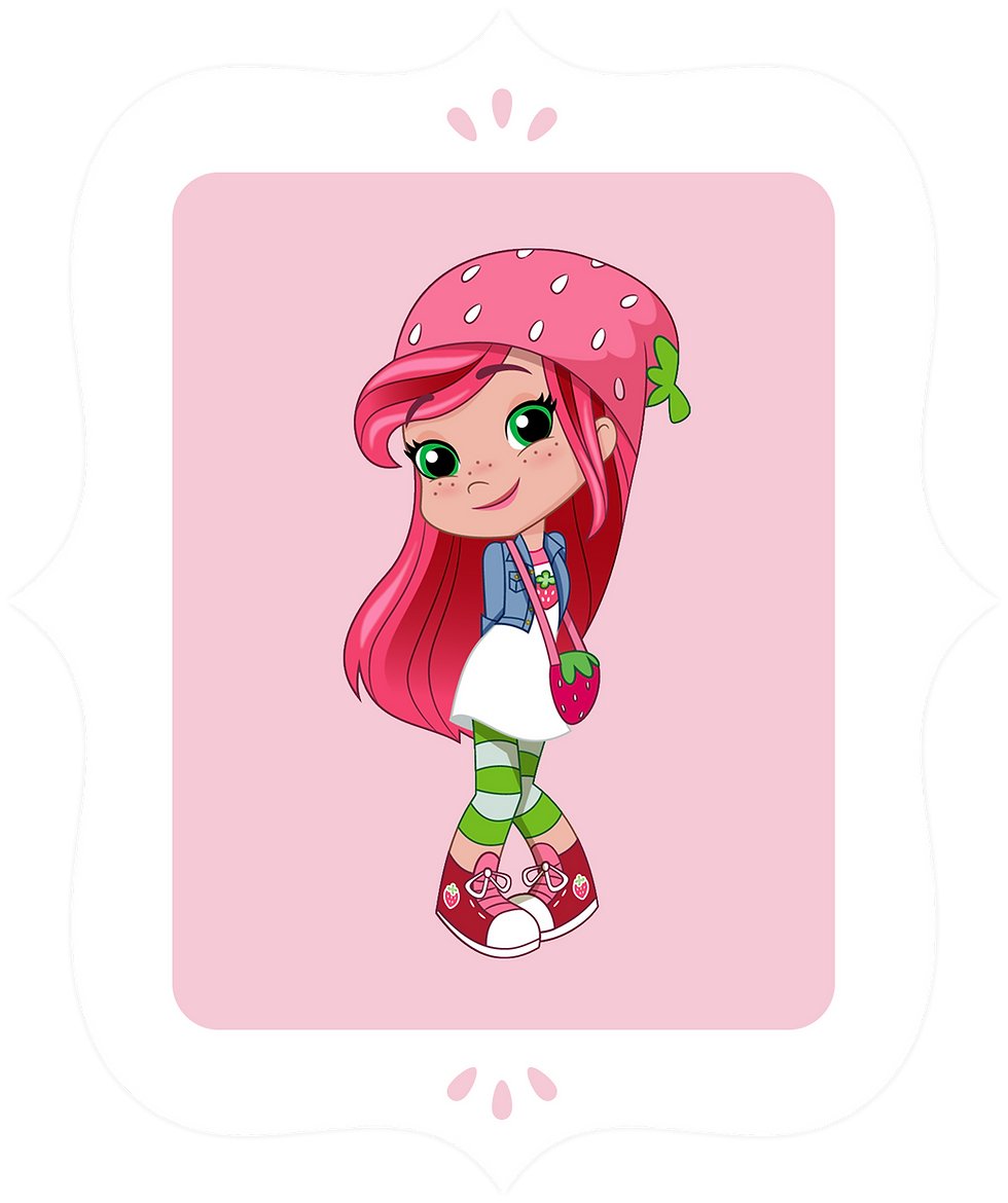 A girl with long pink hair and a large strawberry hat, standing and smiling.