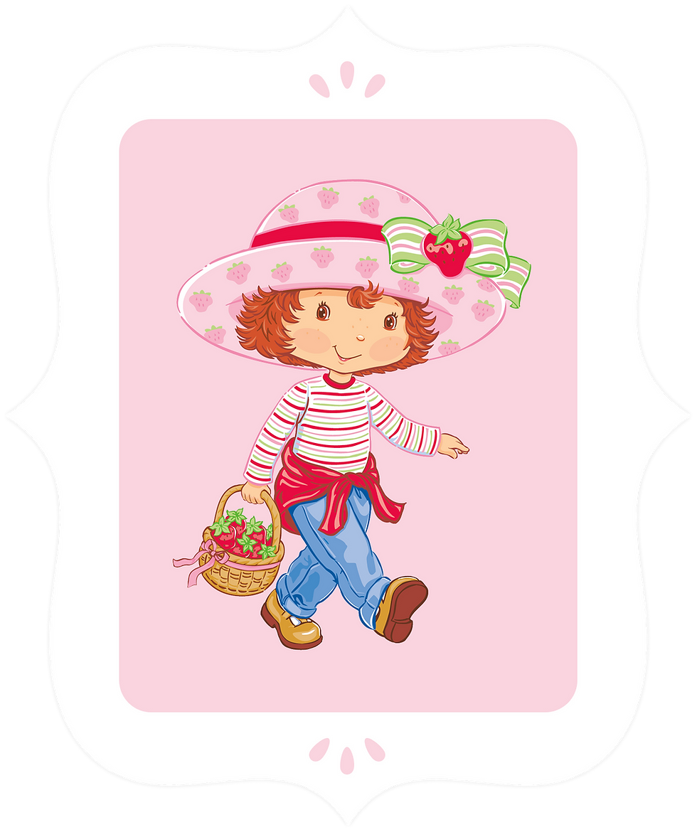 A girl walking, wearing a large pink hat and holding a basket of strawberries.