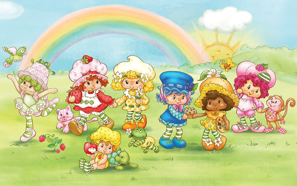 A bunch of cute characters wearing dressing playing in a field with a large rainbow in the background.