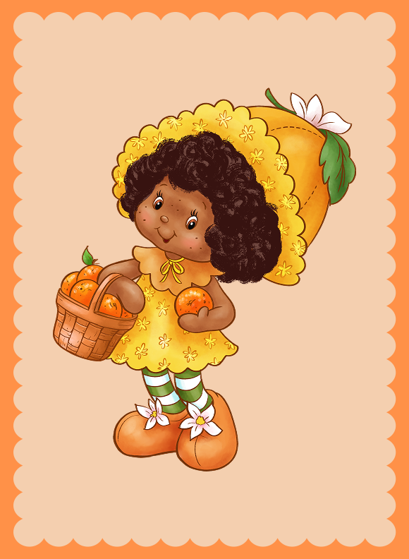 A character in a yellow dress and bonnet carrying a basket of oranges, with striped stockings and flower accents on shoes and outfit.