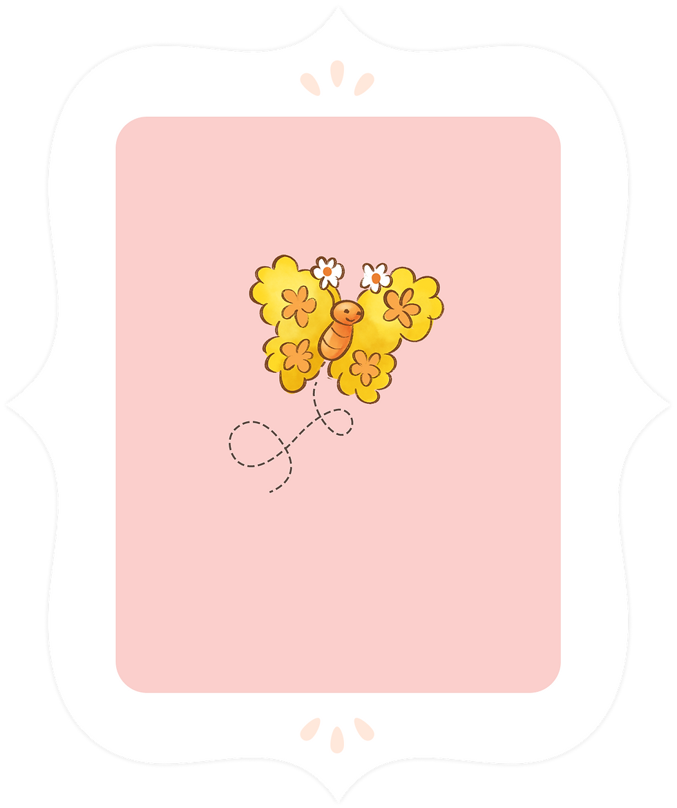 A small butterfly character with rounded wings decorated in flower shapes, shown hovering with wings open.