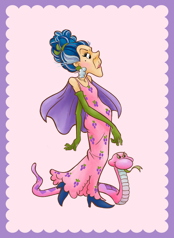 A tall, dramatic character in a long purple dress with green gloves and cape, walking confidently with a snake companion beside them.