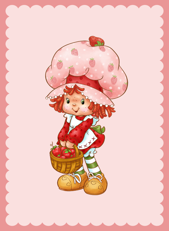 A strawberry themed character holding a basket of strawberries, wearing a pink hat with strawberry details, striped stockings, and lace trimmed dress.