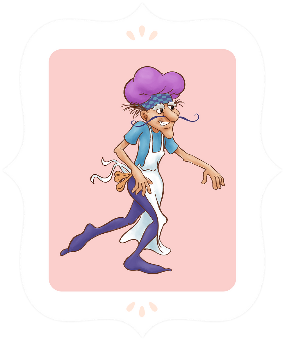 A lanky baker character striding forward, wearing a tall purple hat, apron, curled mustache, and narrow shoes, posed in motion.