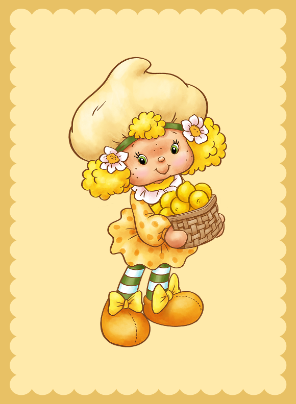 A character with yellow curls holding a basket of lemons, dressed in a yellow outfit with striped stockings and bow tied shoes.