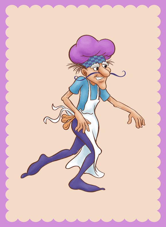 A lanky baker character striding forward, wearing a tall purple hat, apron, curled mustache, and narrow shoes, posed in motion.